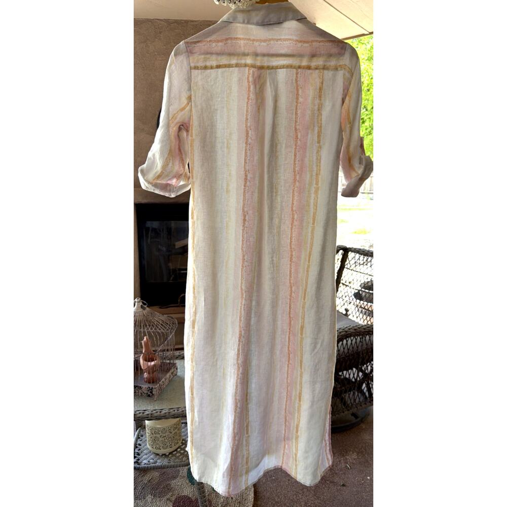 Shirt Dress Women's XS 100% Linen Long Roll Tab Sleeve Button Front Striped - Picture 2 of 6